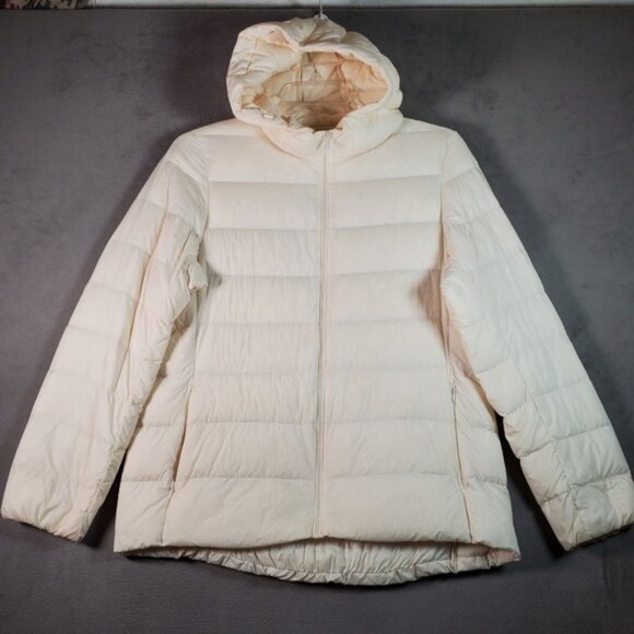 Uniqlo Ultra Light Down Puffer Jacket Womens M Cream Hooded Zip Up Gorp *READ* - Picture 1 of 13